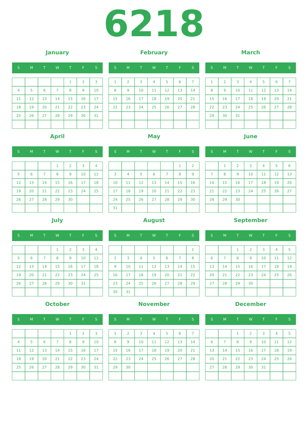 Printable 6218 Year Calendars green