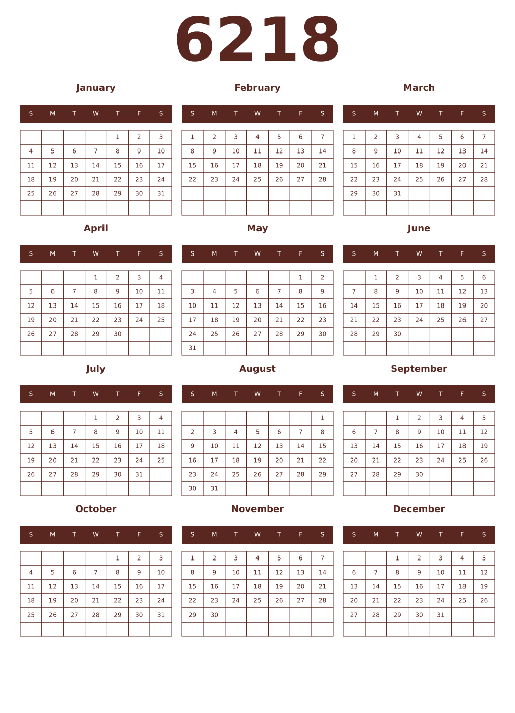 Printable 6218 Year Calendars mortuum