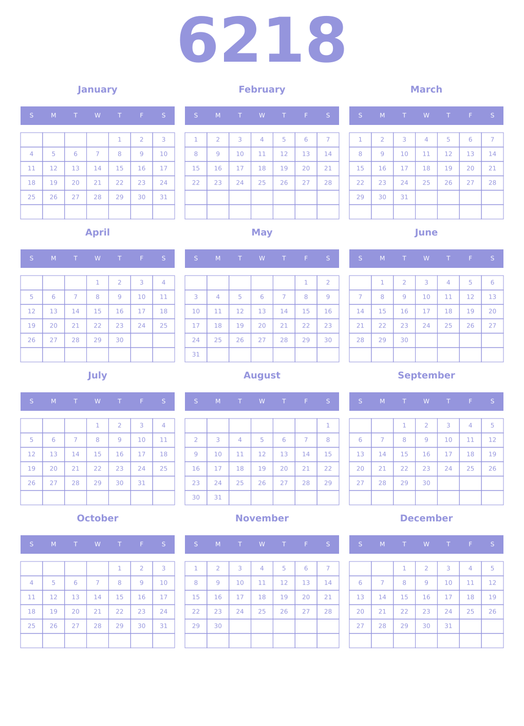 Printable 6218 Year Calendars periwinkle