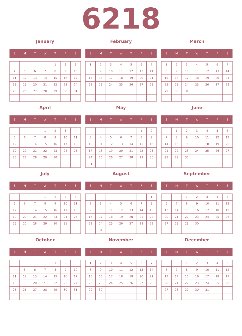 Printable 6218 Year Calendars puce