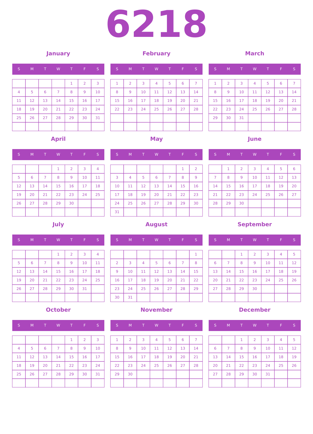 Printable 6218 Year Calendars purple
