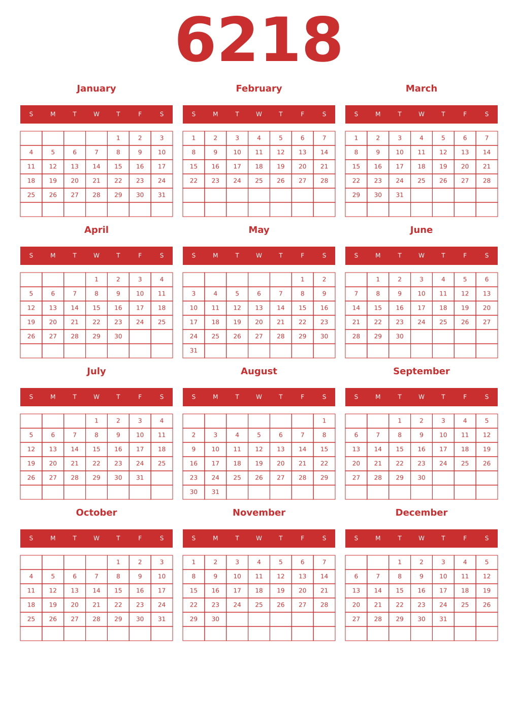 Printable 6218 Year Calendars red