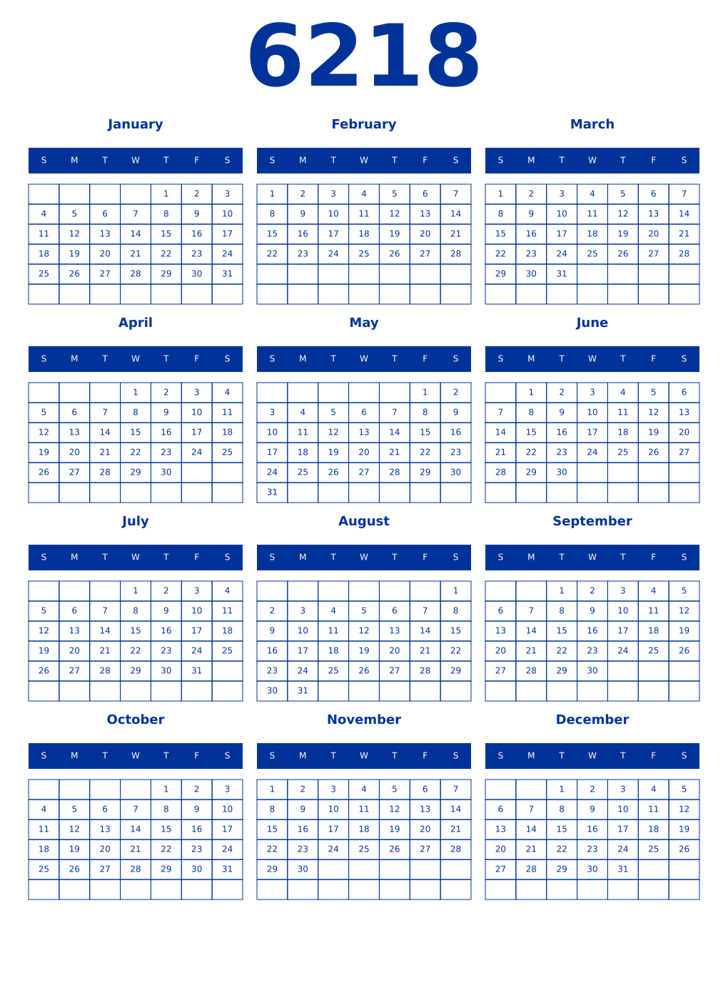 Printable 6218 Year Calendars smalt