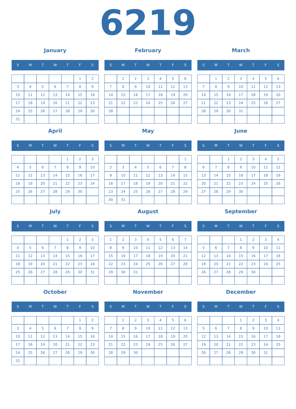 Printable 6219 Year Calendars blue