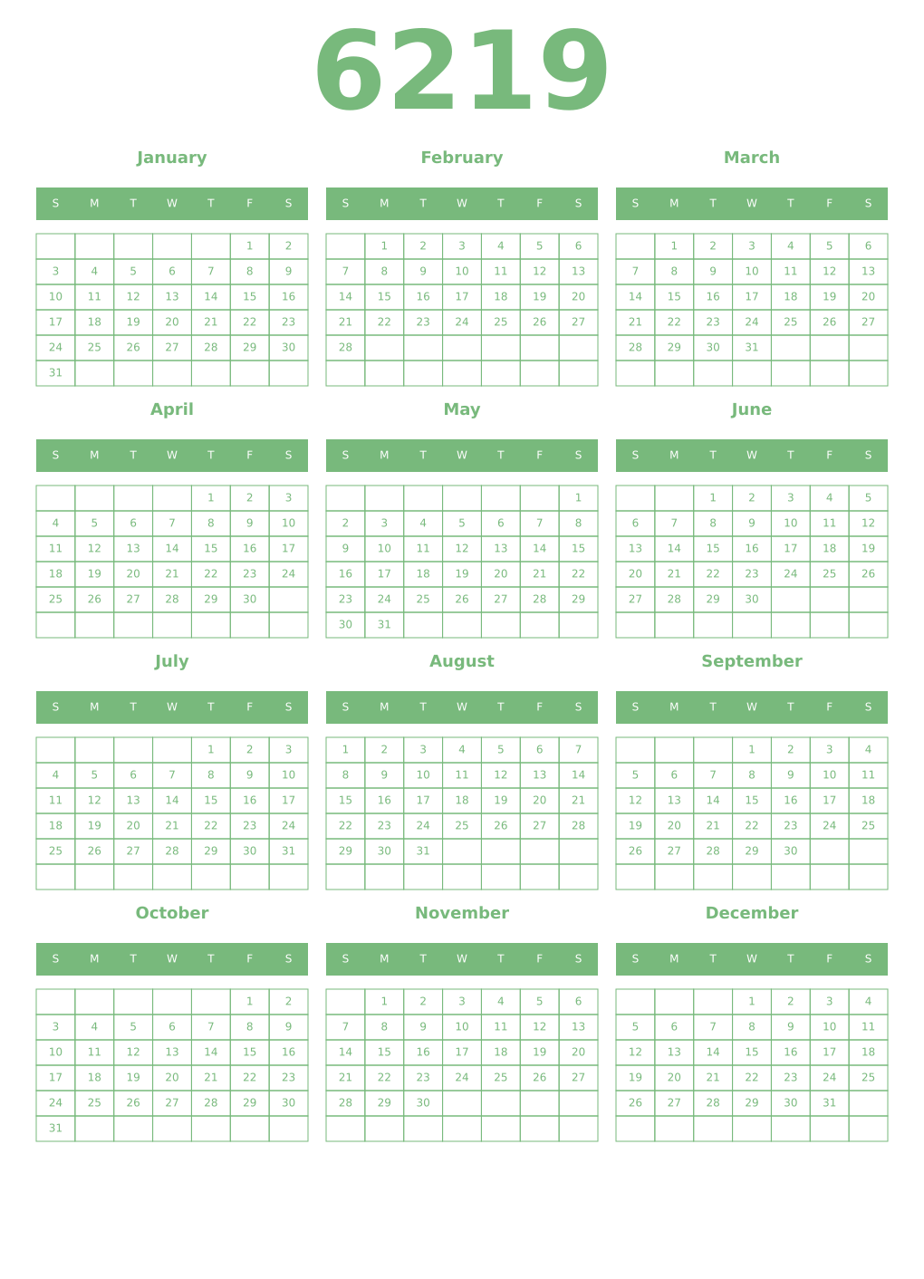 Printable 6219 Year Calendars celadon