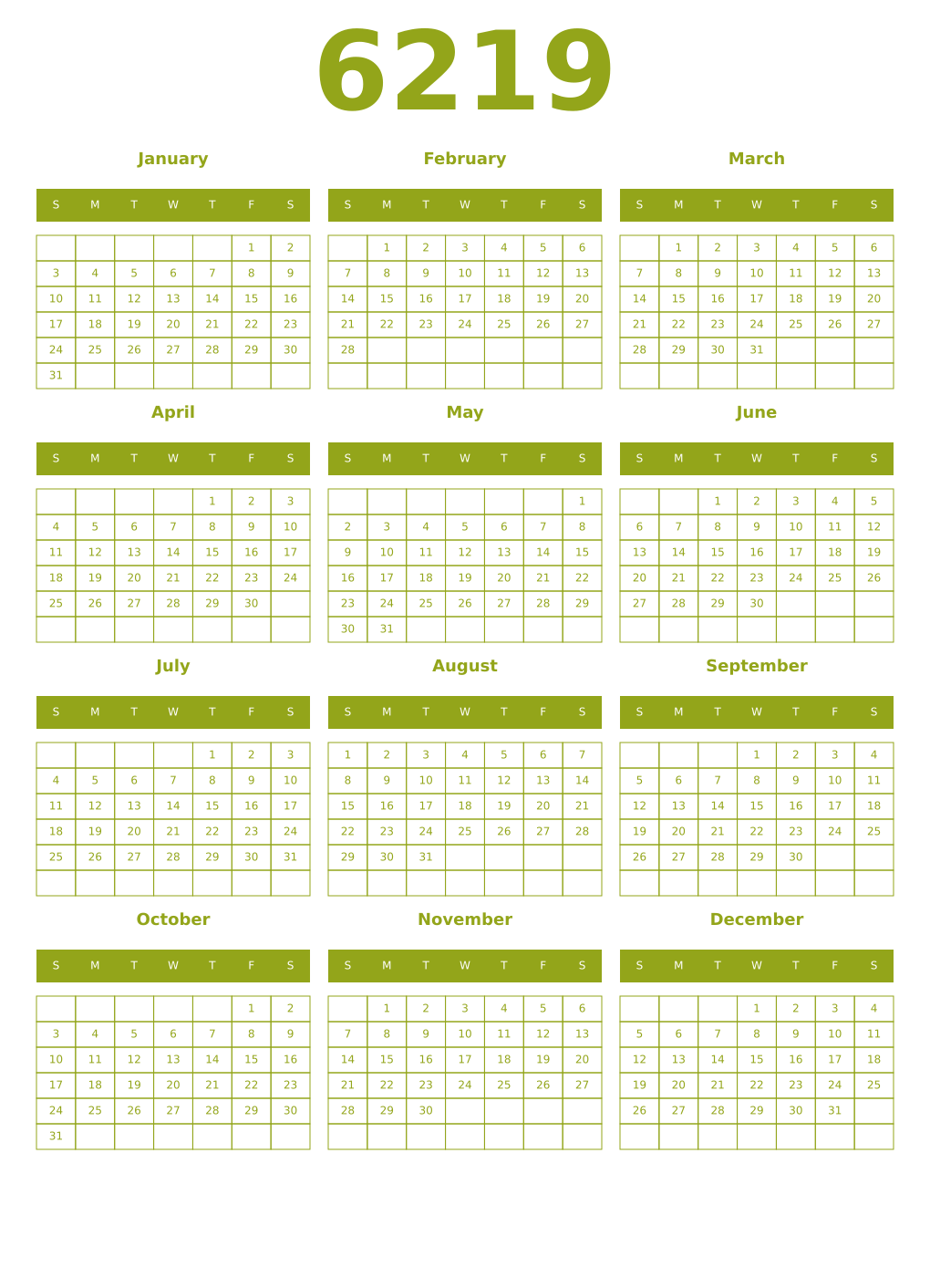 Printable 6219 Year Calendars chartreuse