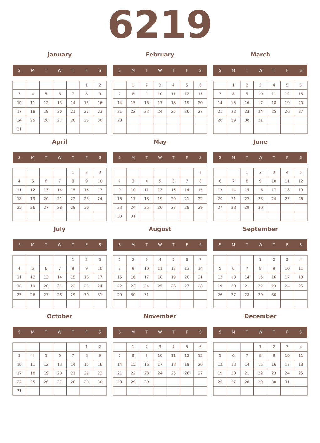 Printable 6219 Year Calendars coffe