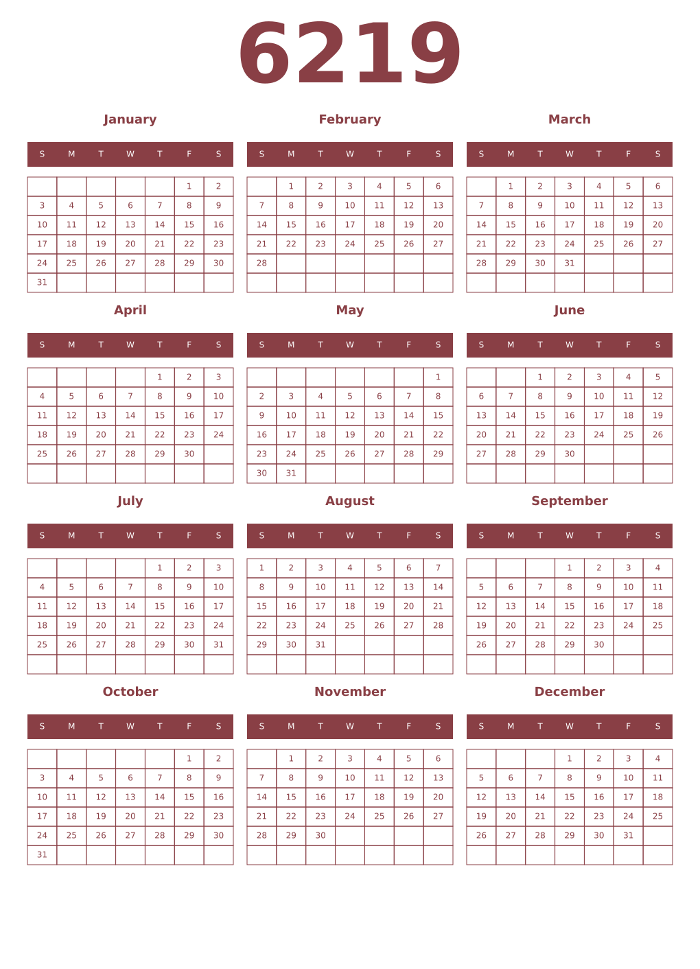 Printable 6219 Year Calendars cordovan