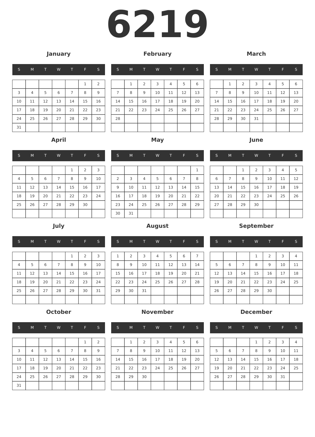 Printable 6219 Year Calendars dark