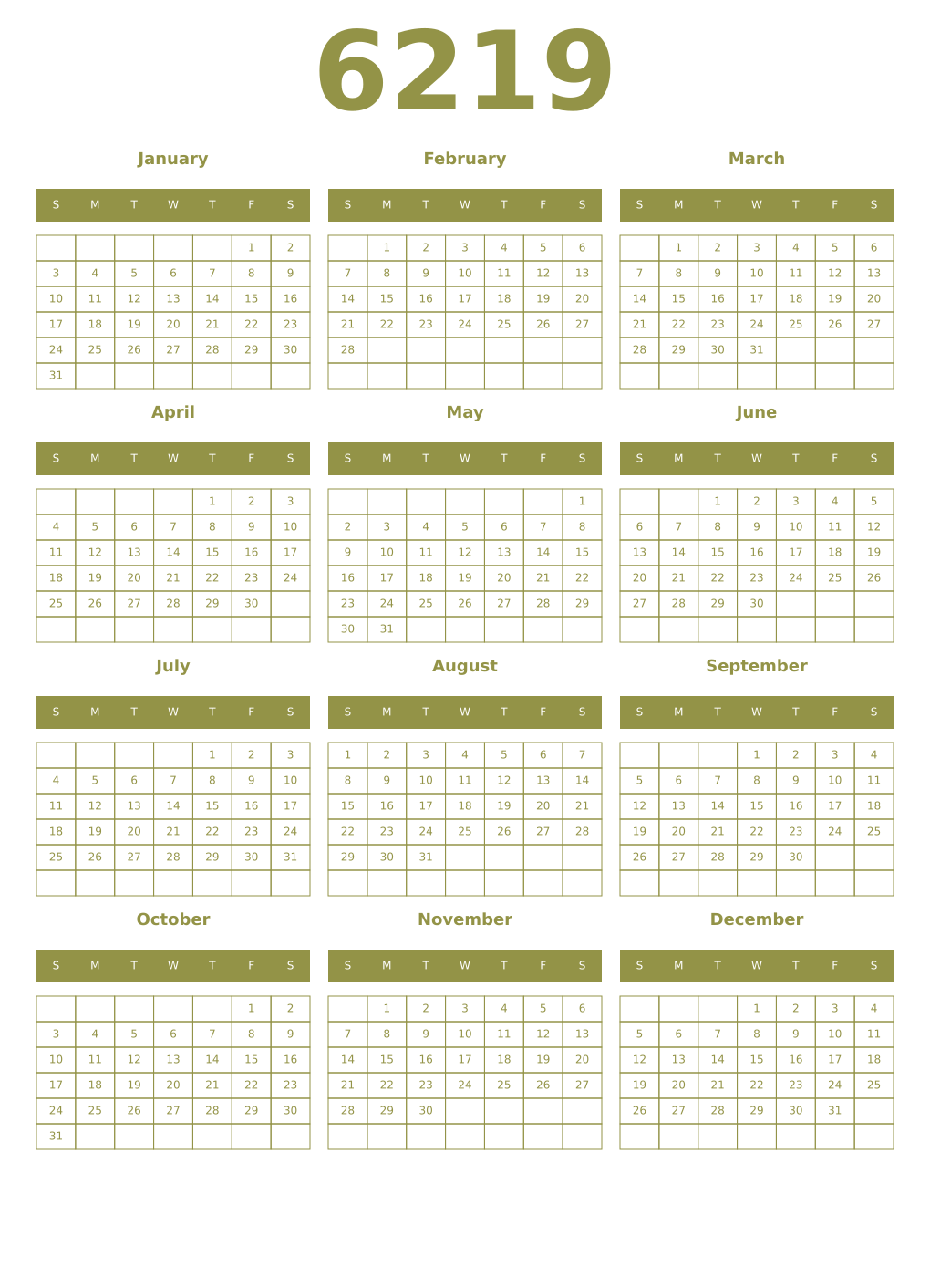 Printable 6219 Year Calendars eburnean