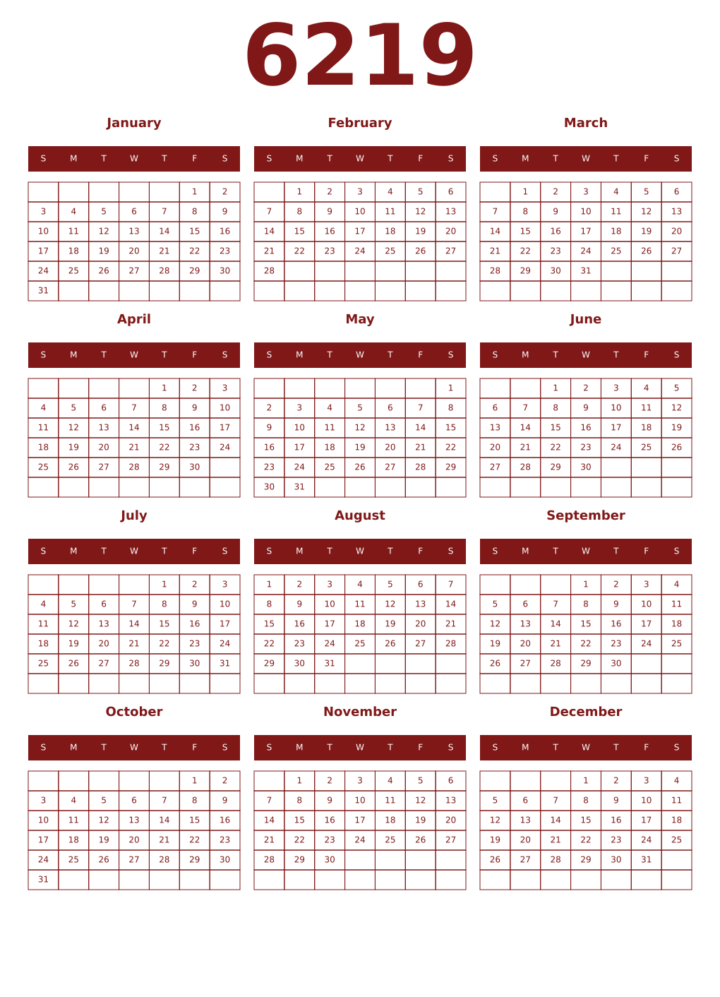 Printable 6219 Year Calendars falu