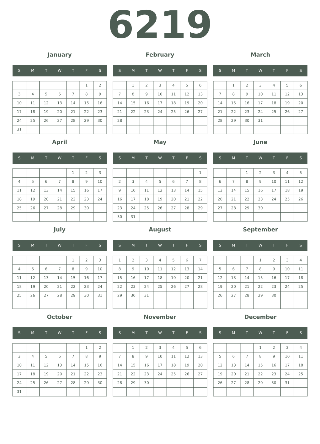 Printable 6219 Year Calendars feldgrau