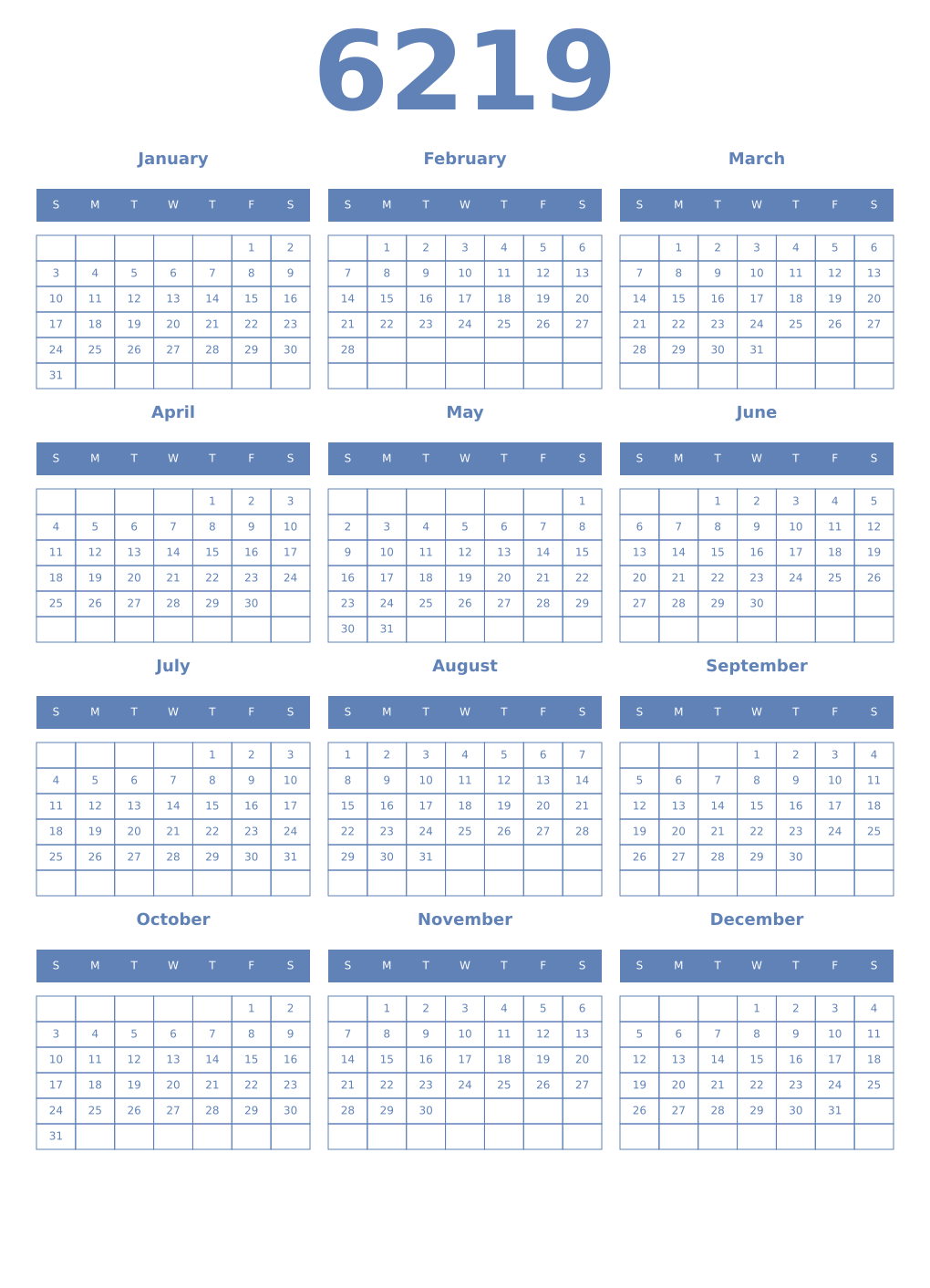 Printable 6219 Year Calendars glaucous