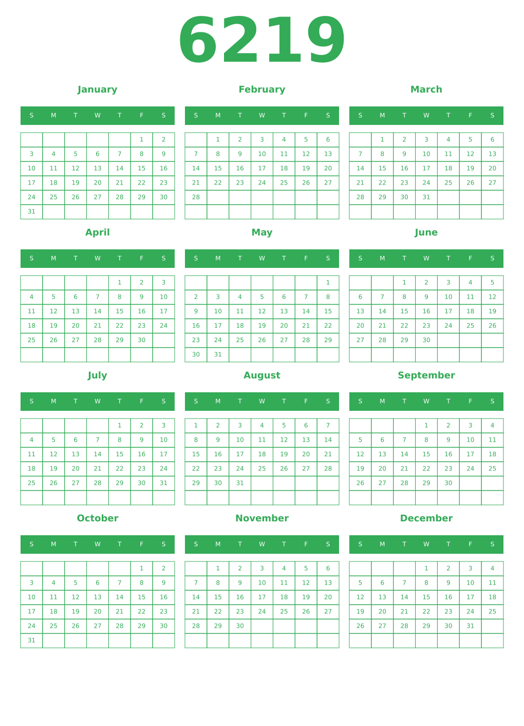 Printable 6219 Year Calendars green