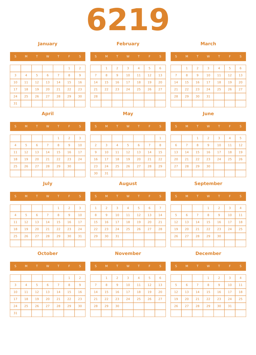 Printable 6219 Year Calendars orange