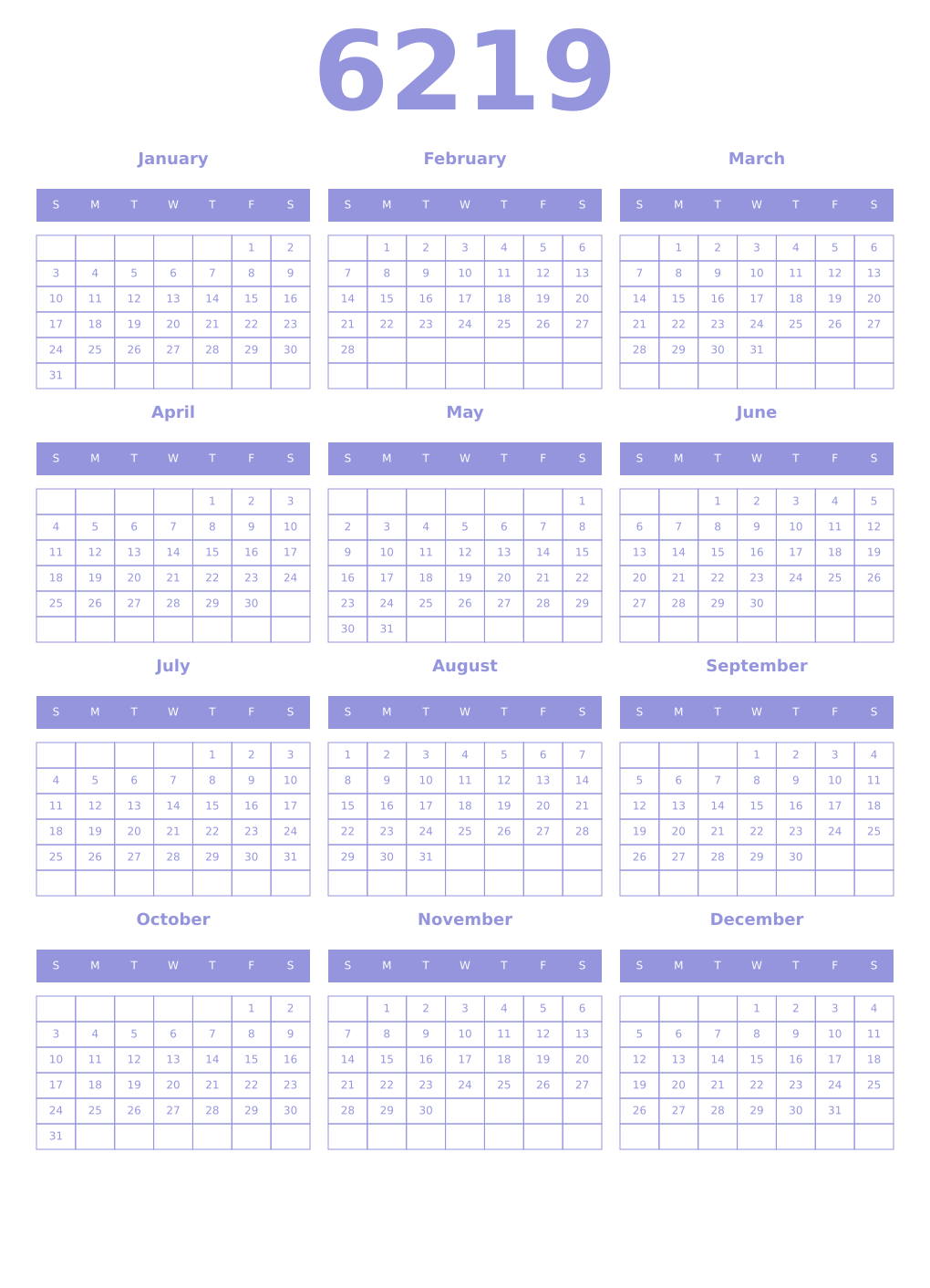 Printable 6219 Year Calendars periwinkle