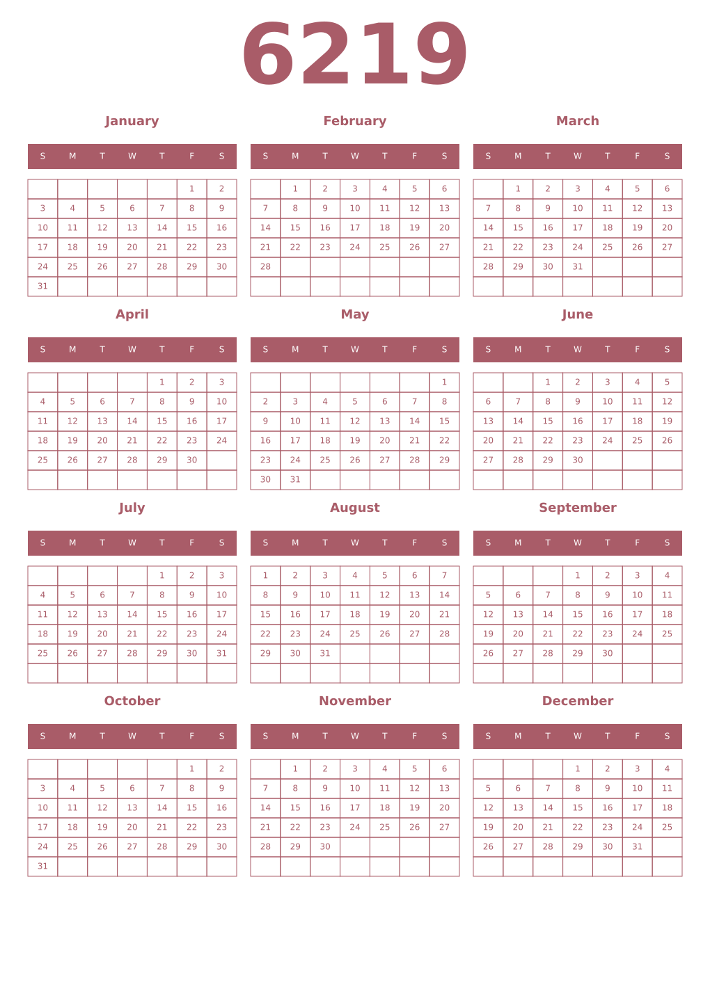 Printable 6219 Year Calendars puce