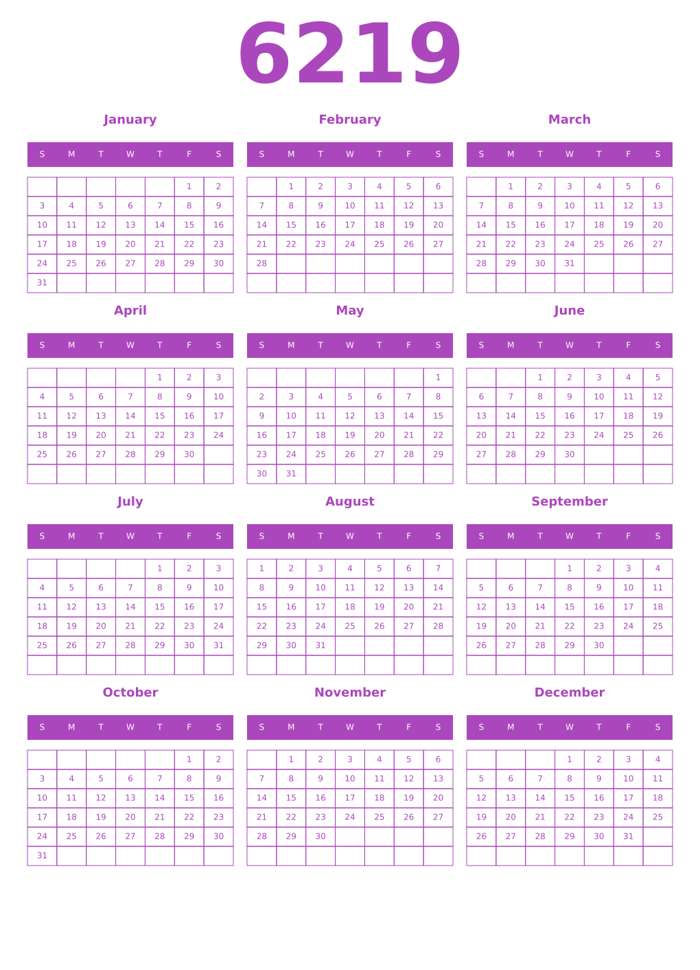 Printable 6219 Year Calendars purple