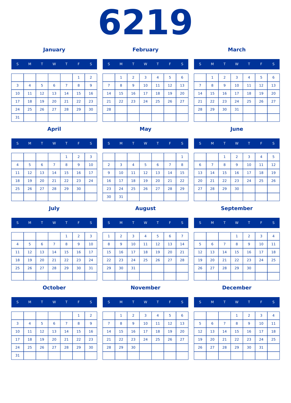 Printable 6219 Year Calendars smalt