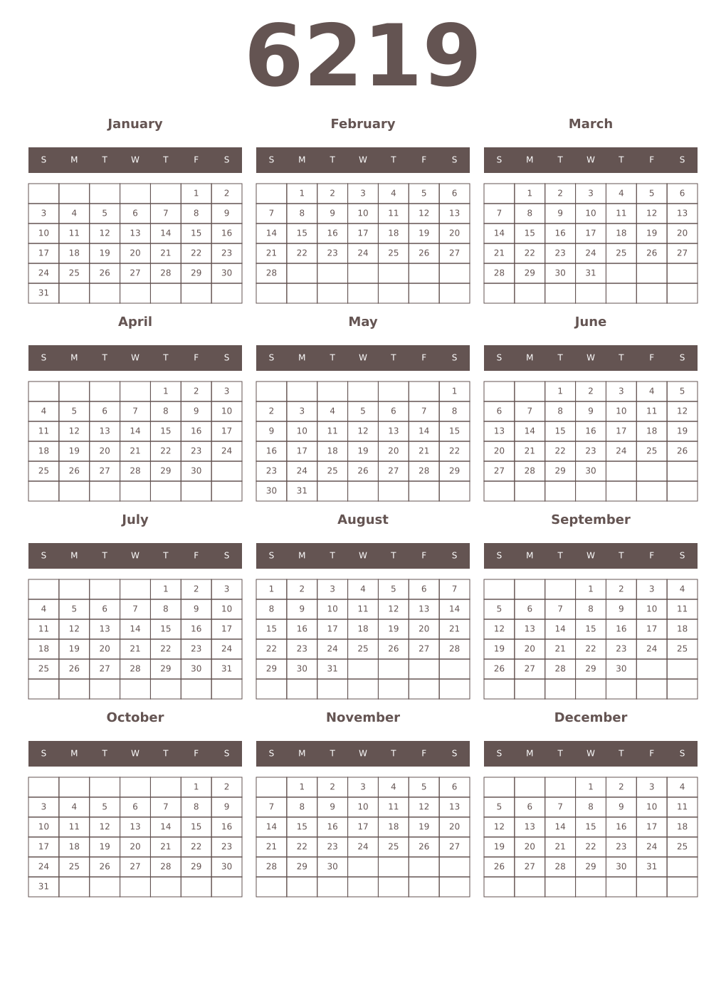 Printable 6219 Year Calendars wenge