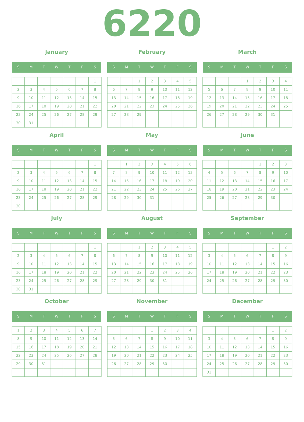 Printable 6220 Year Calendars celadon