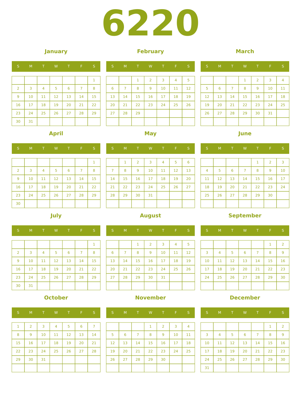 Printable 6220 Year Calendars chartreuse