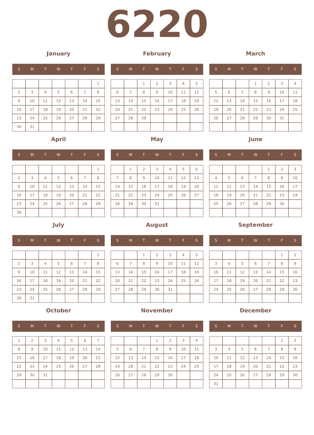 Printable 6220 Year Calendars coffe