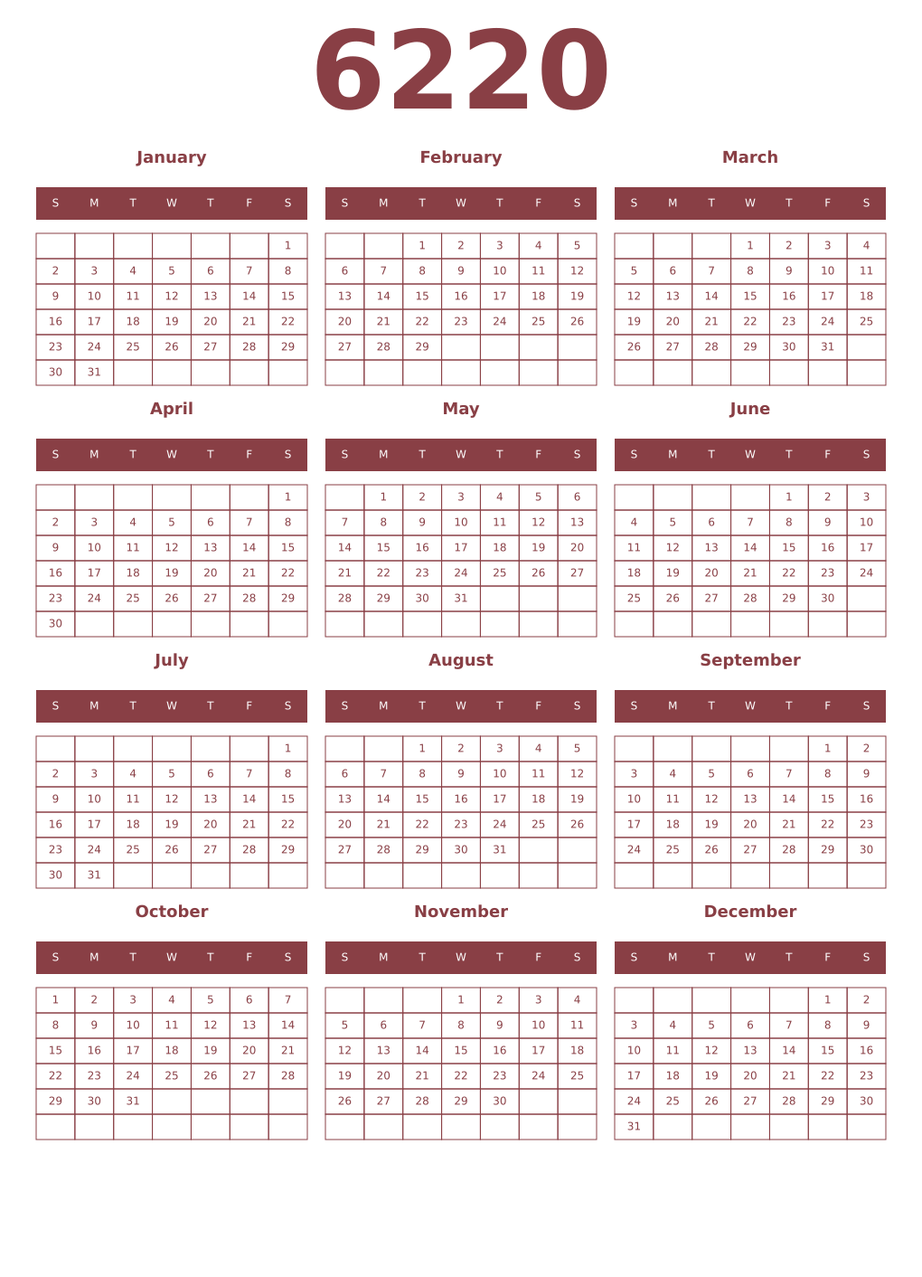 Printable 6220 Year Calendars cordovan
