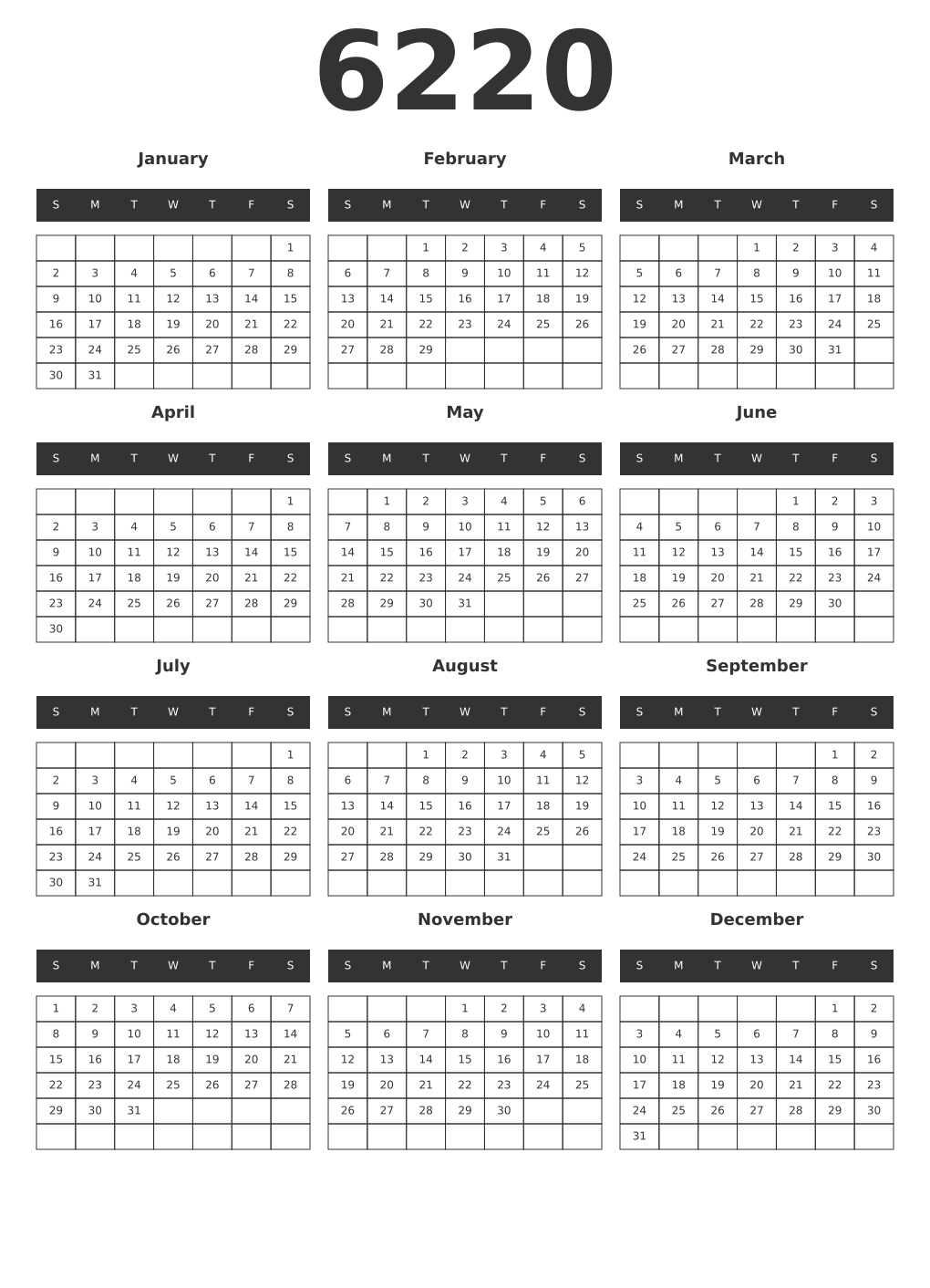 Printable 6220 Year Calendars dark