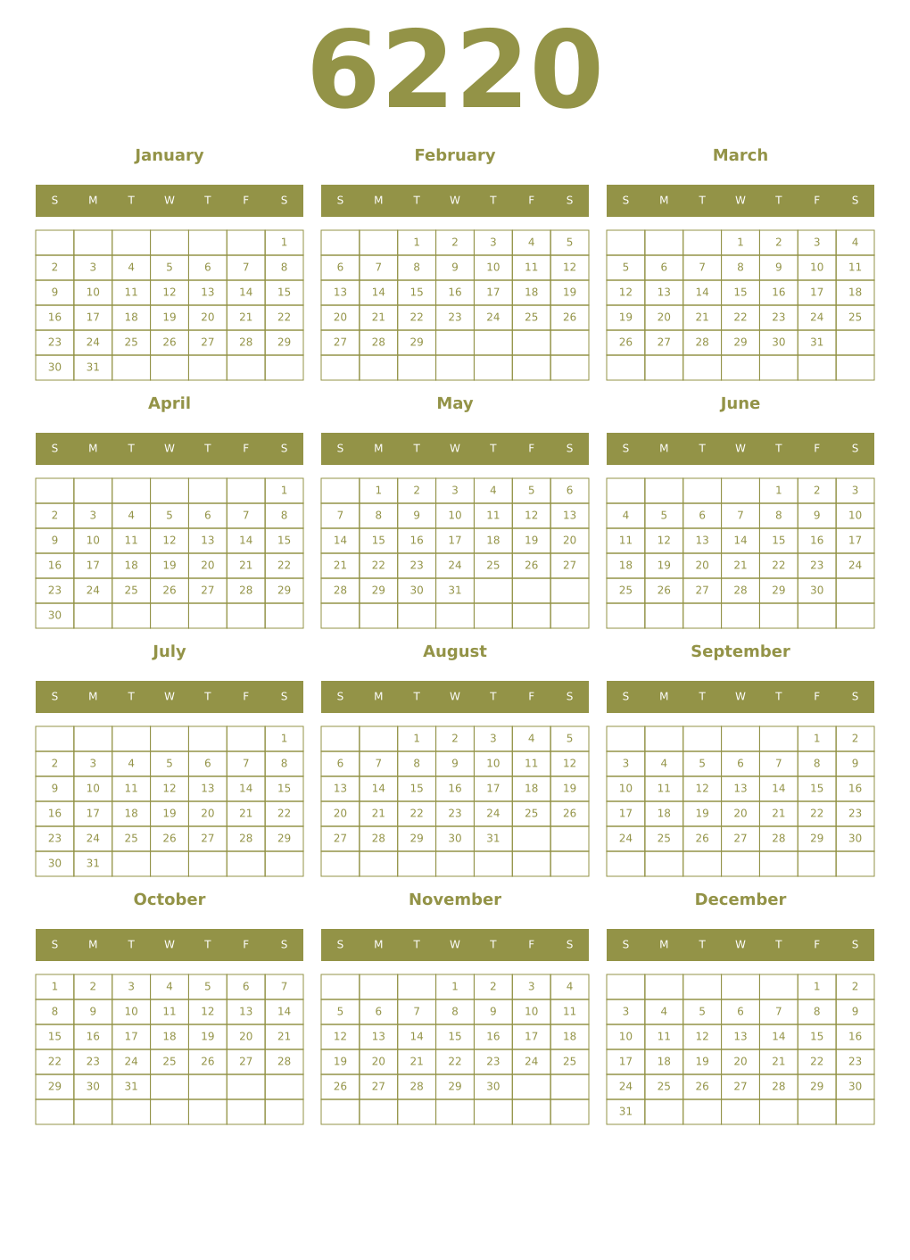 Printable 6220 Year Calendars eburnean