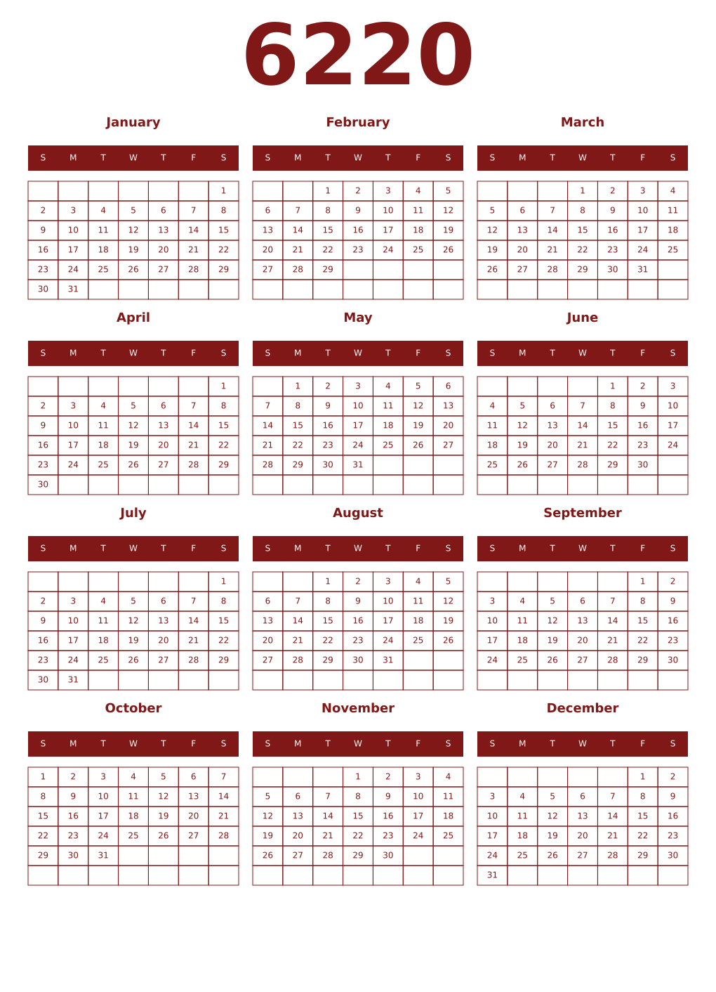 Printable 6220 Year Calendars falu