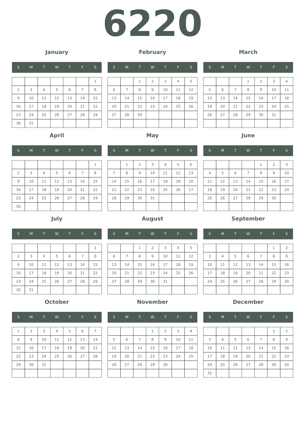 Printable 6220 Year Calendars feldgrau
