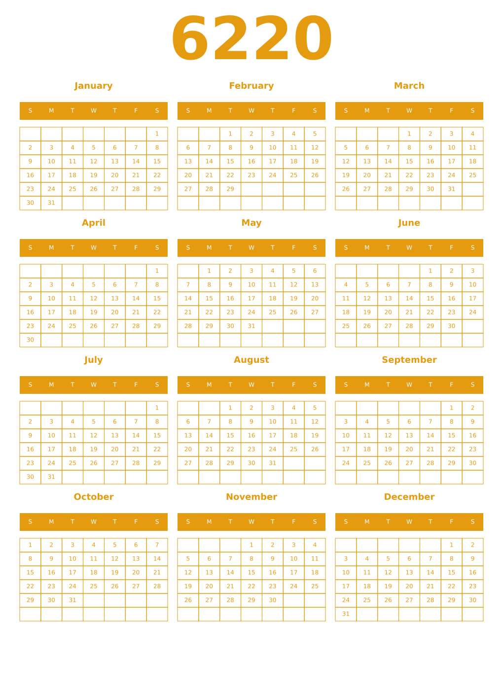 Printable 6220 Year Calendars gamboge