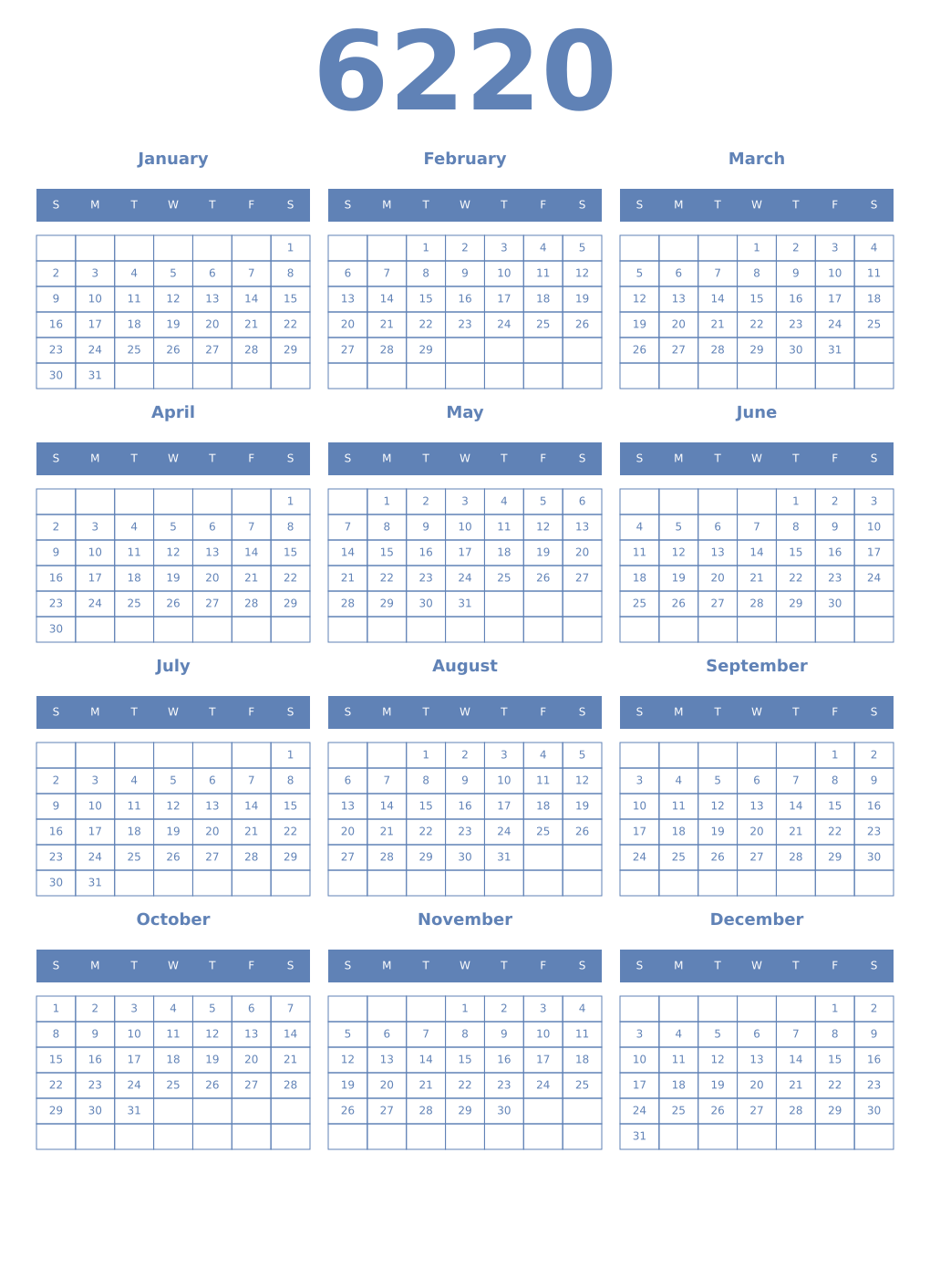 Printable 6220 Year Calendars glaucous