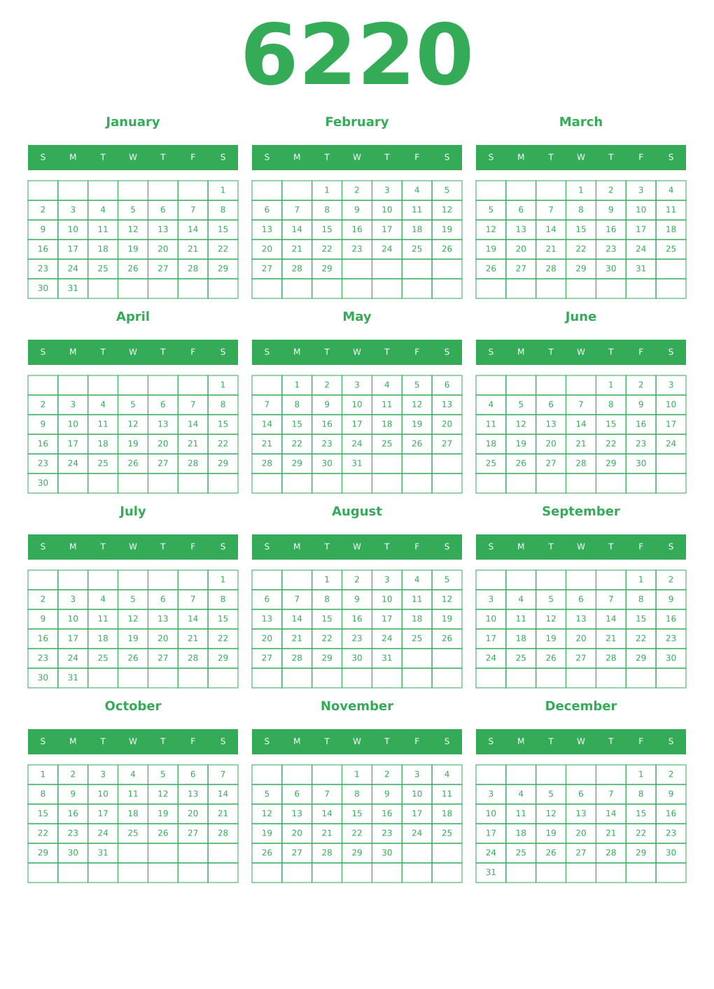 Printable 6220 Year Calendars green
