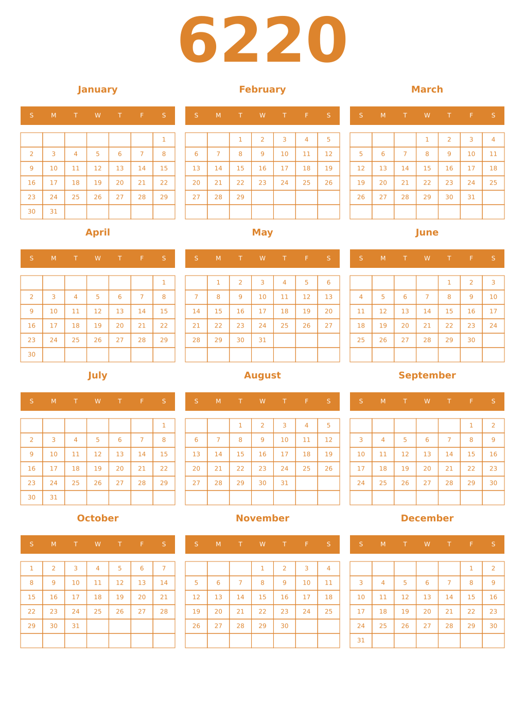 Printable 6220 Year Calendars orange