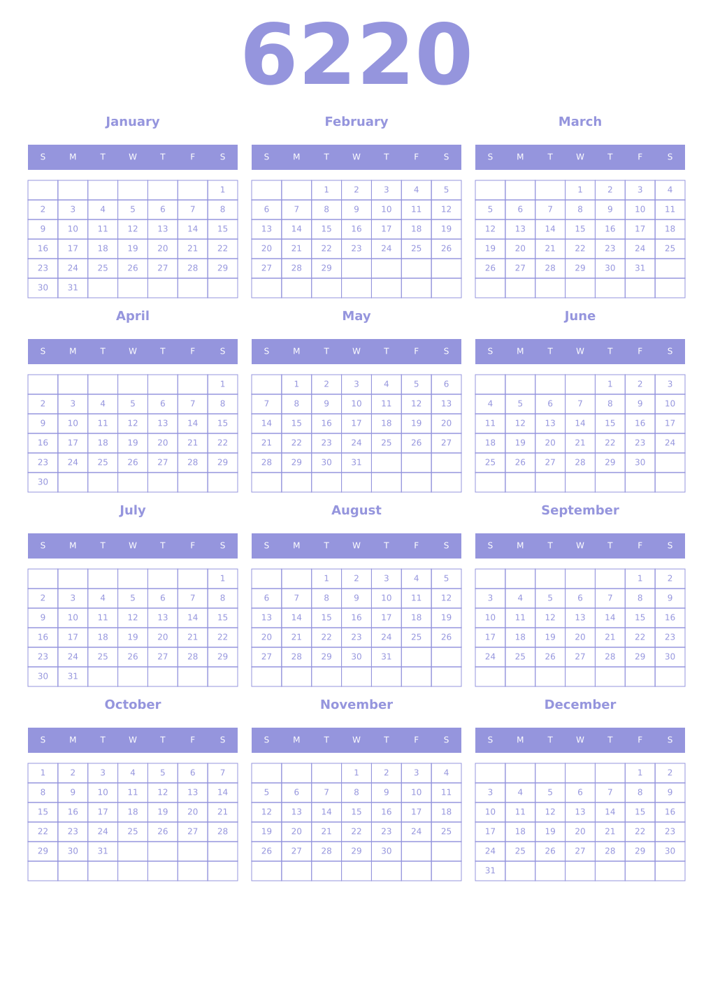 Printable 6220 Year Calendars periwinkle