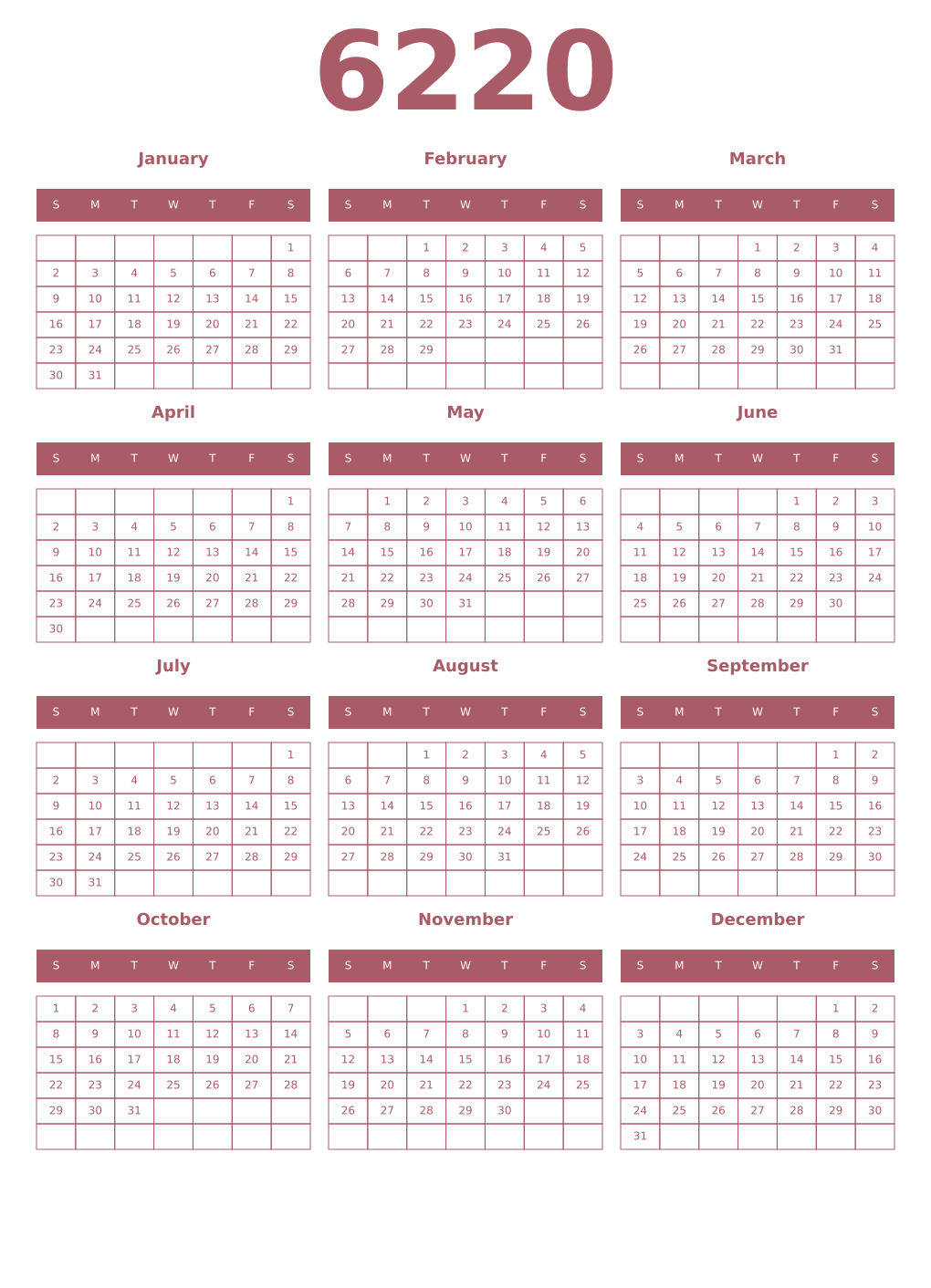 Printable 6220 Year Calendars puce