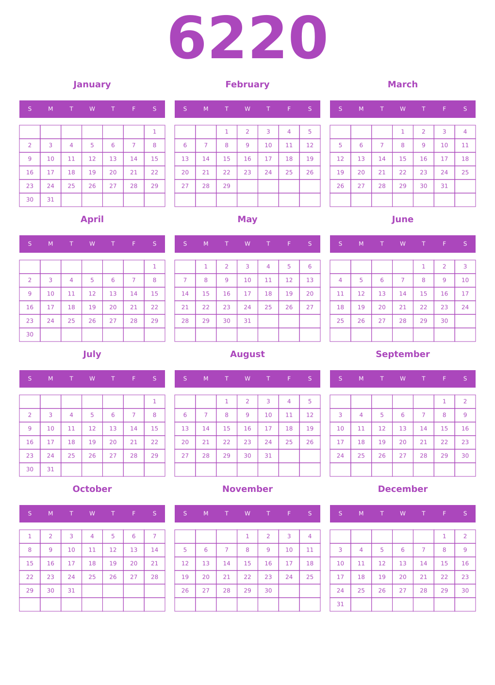 Printable 6220 Year Calendars purple