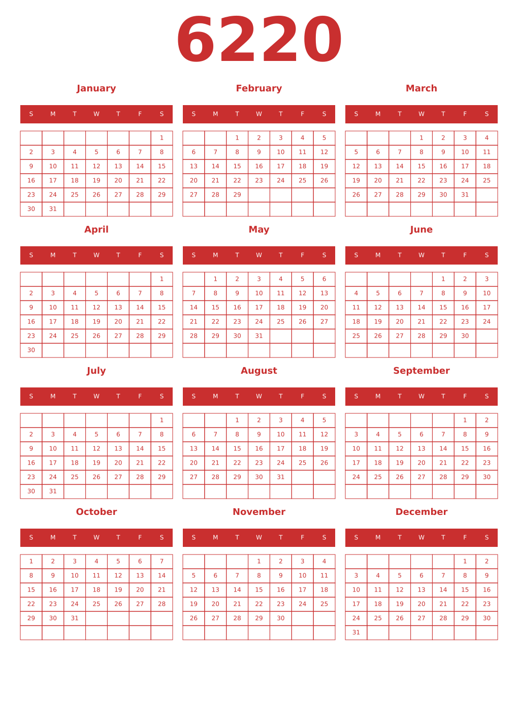 Printable 6220 Year Calendars red