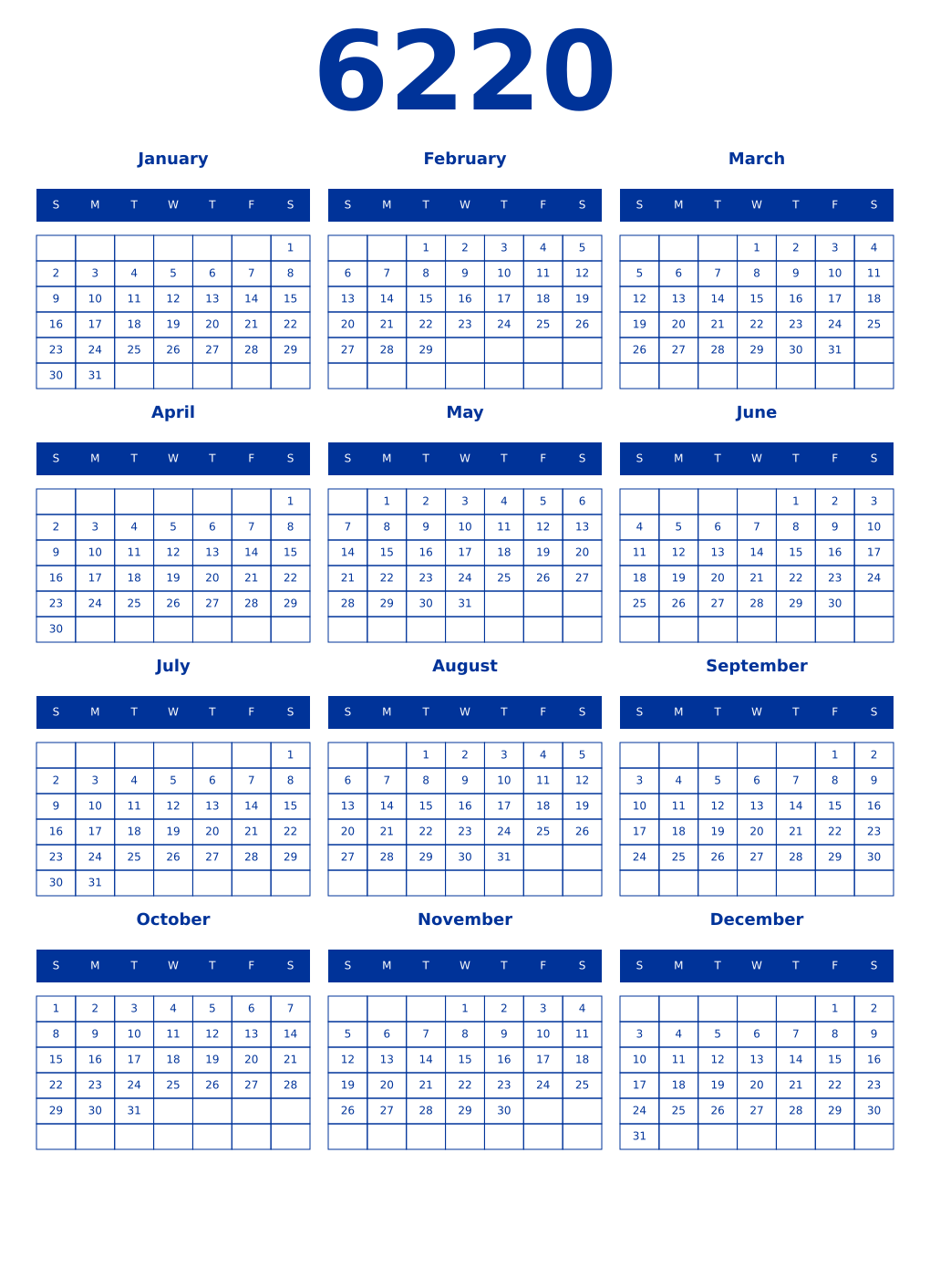 Printable 6220 Year Calendars smalt