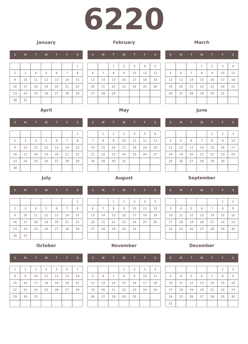 Printable 6220 Year Calendars wenge