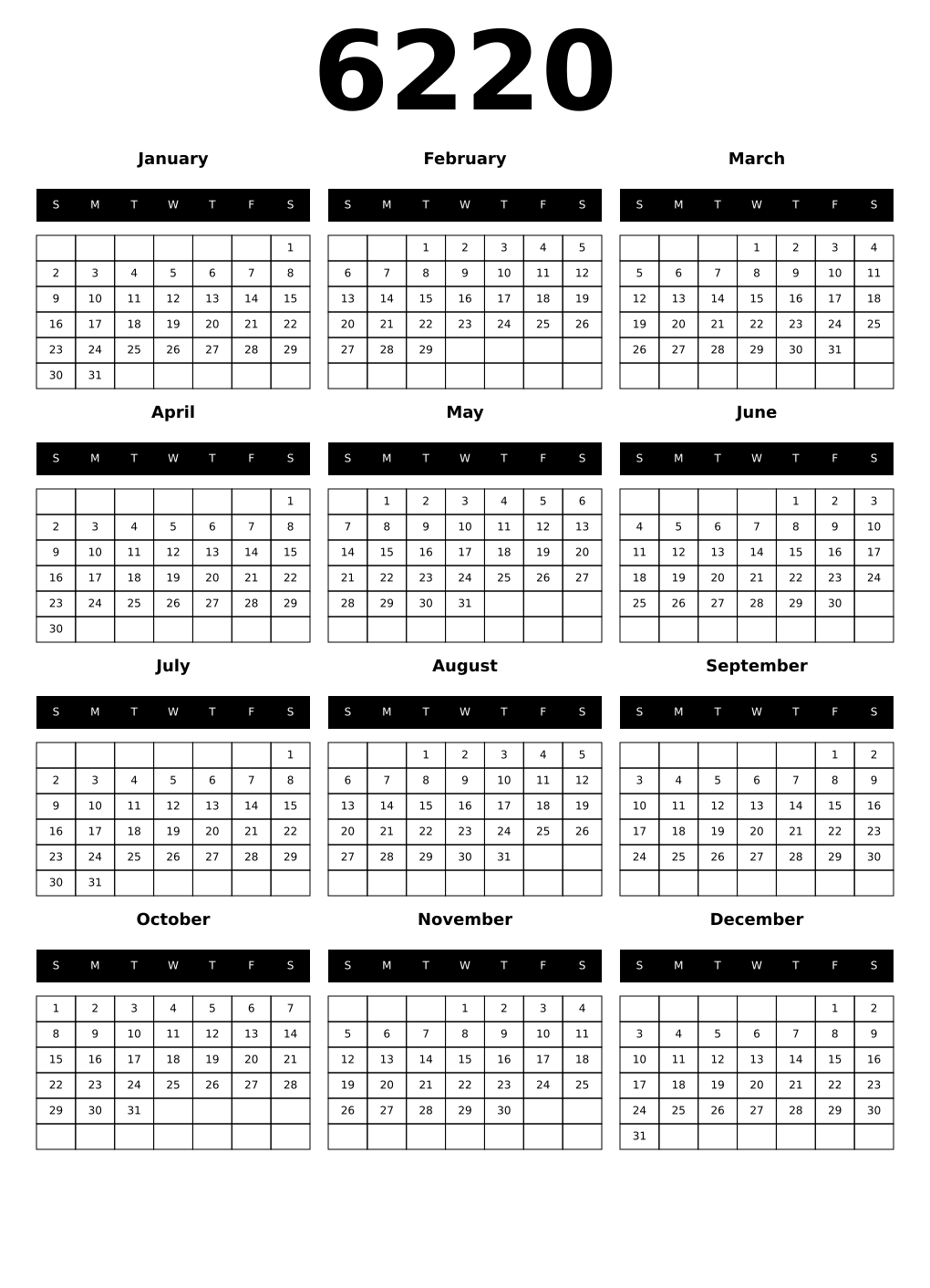 Printable 6220 Calendars