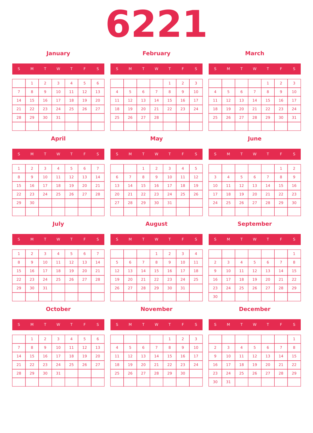 Printable 6221 Year Calendars amaranth