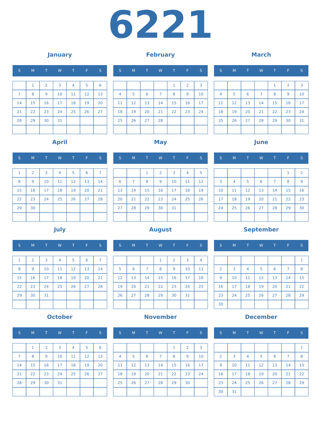Printable 6221 Year Calendars blue