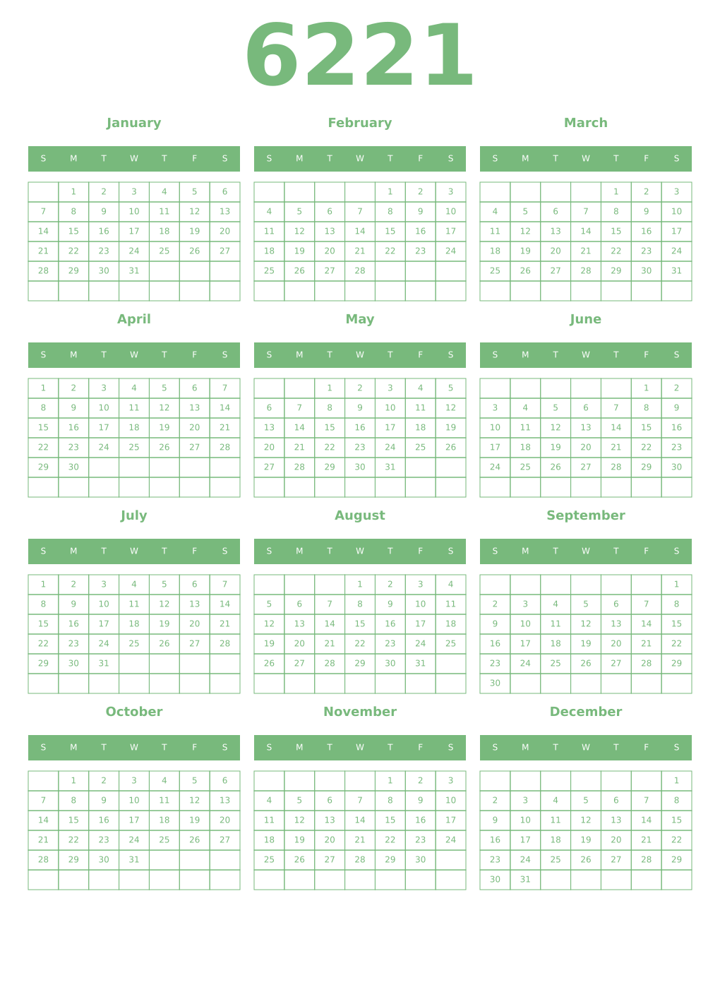 Printable 6221 Year Calendars celadon