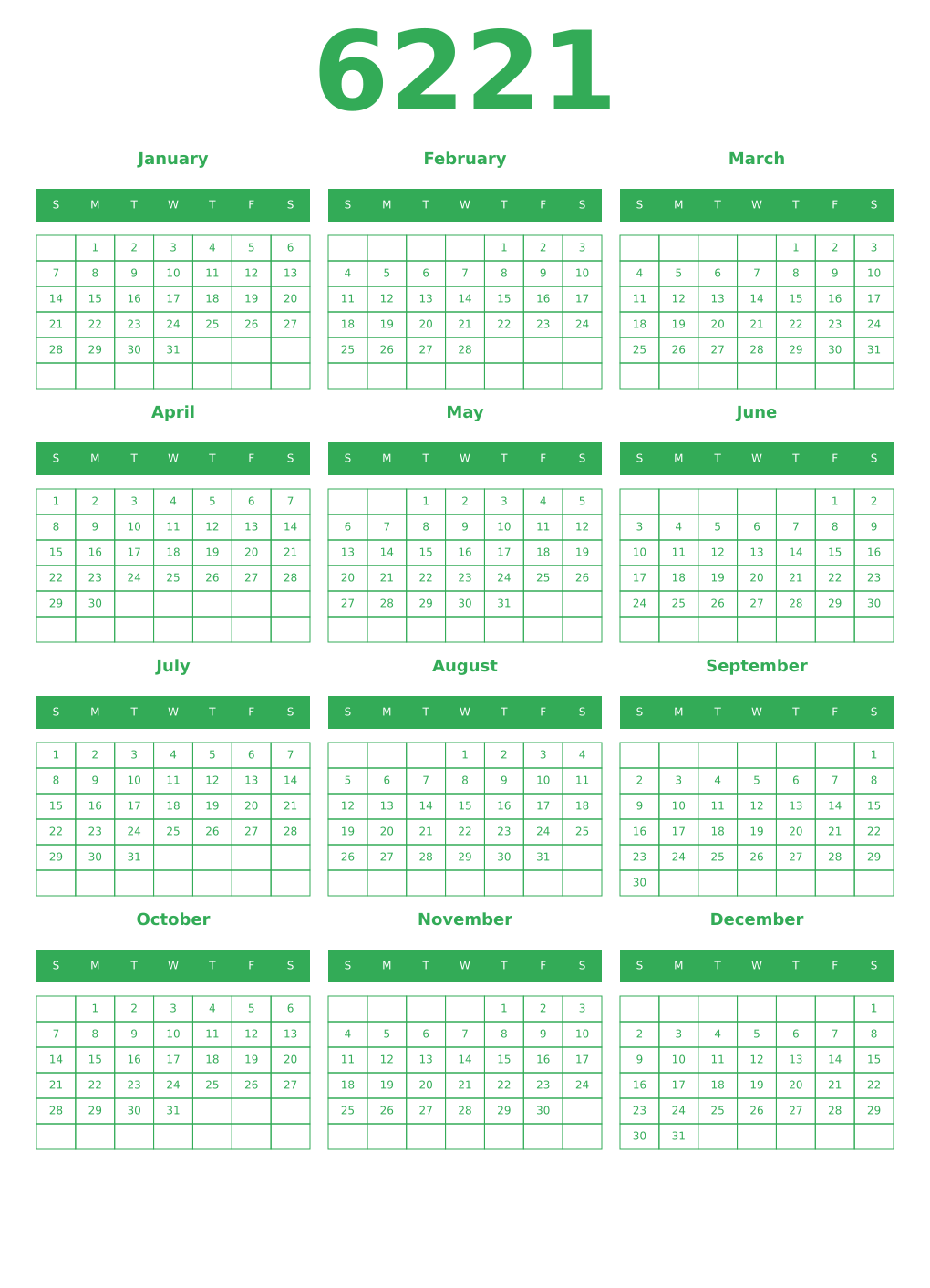 Printable 6221 Year Calendars green