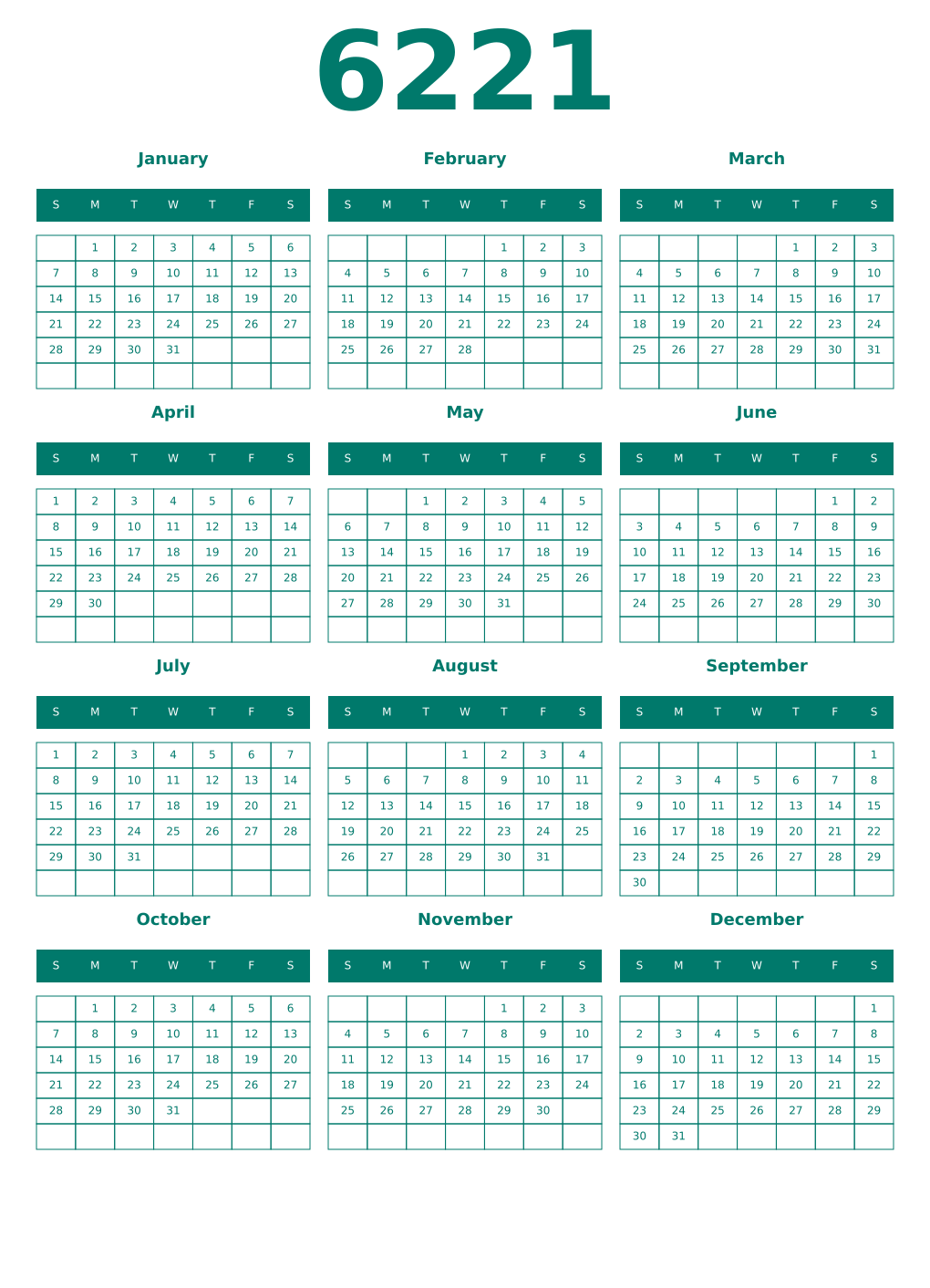 Printable 6221 Year Calendars pastel