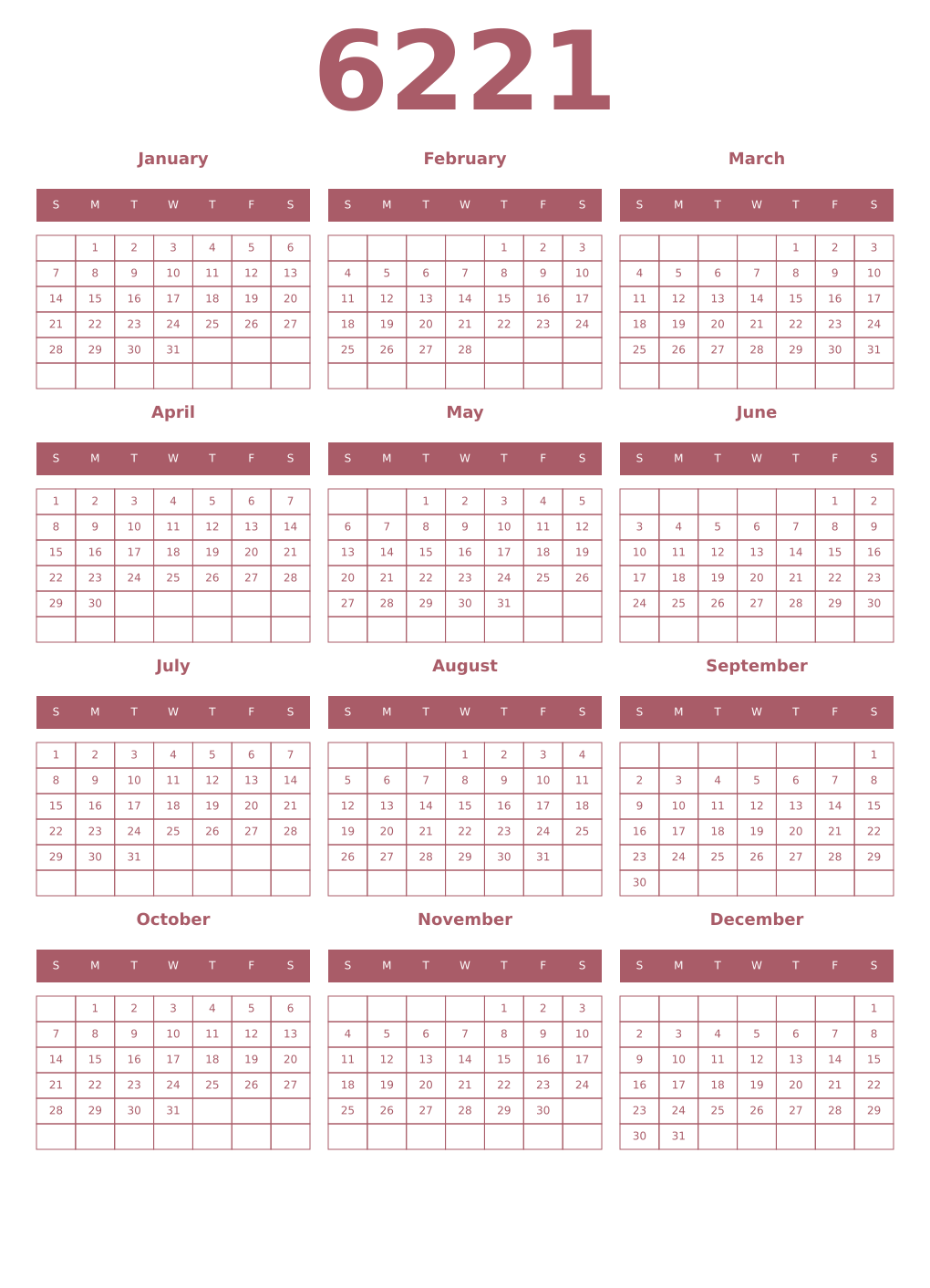 Printable 6221 Year Calendars puce