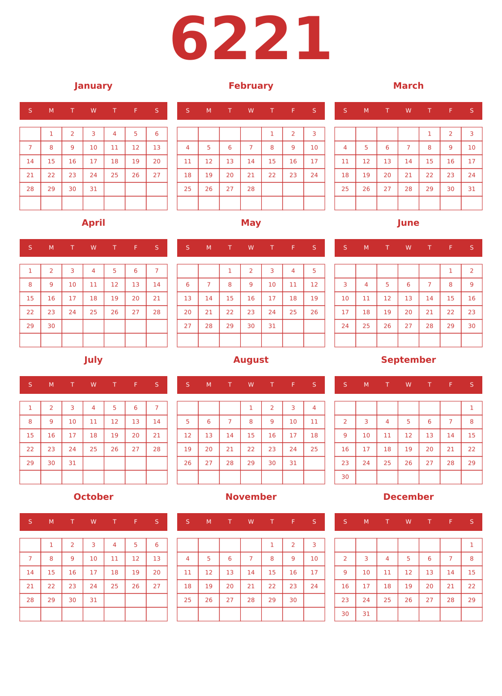 Printable 6221 Year Calendars red